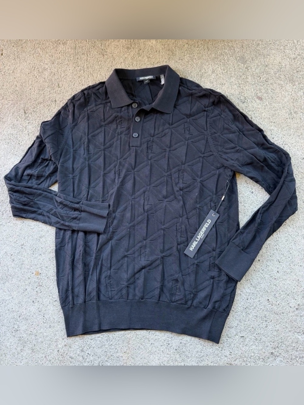 NWT Karl Lagerfeld Men Black Geometric Knit Collared Pullover Sweater Size Large